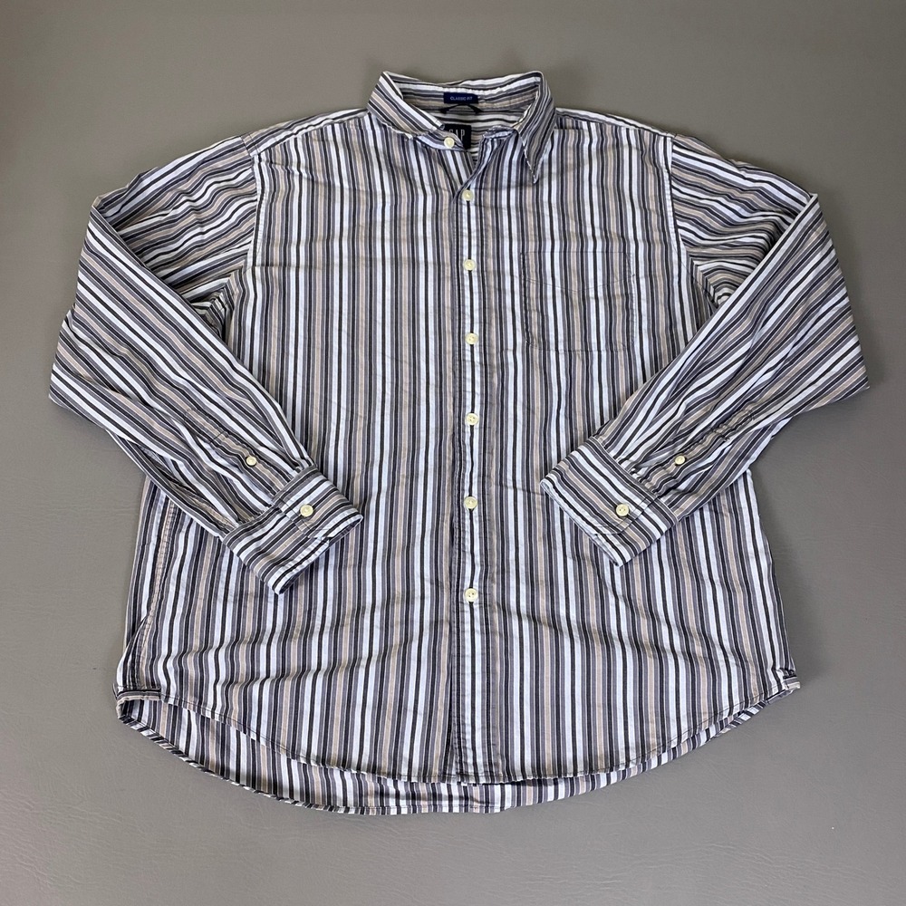 GAP Button Down Shirt Men's Large Classic Fit Striped Blue Gray Tan Vintage Y2K